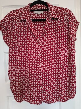 LOFT Red Geometric Button-Up Blouse